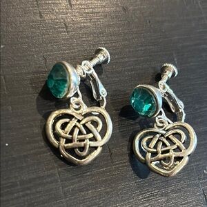 Silver Celtic Knot Drop Dangle Earrings Green Gemstone Rhinestone Screw Back​